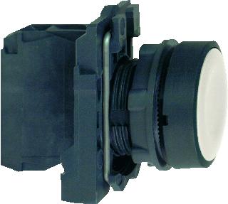 SCHNEIDER-ELECTRIC XB5 COMPLETE PULSDRUKKNOP VLAKKE LENS KLEUR WIT CONTACT 1M+1V FRONT ROND FRONTRING ZWART SCHROEFAANSLUIT.