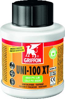 GRIFFON UNI-100 XT KUNSTSTOFLIJM TYPE PVC LIJM TRANSPARANT VOCHTBESTENDIGHEID VOLGENS EN 204 OVERIG THF-VRIJ UV-BESTENDIG GESCHIKT VOOR PVC GESCHIKT VOOR DRUK MAX. DRUK 16BAR MAX. TEMPERATUURBESTENDIGHEID NORMA 60GRADEN 