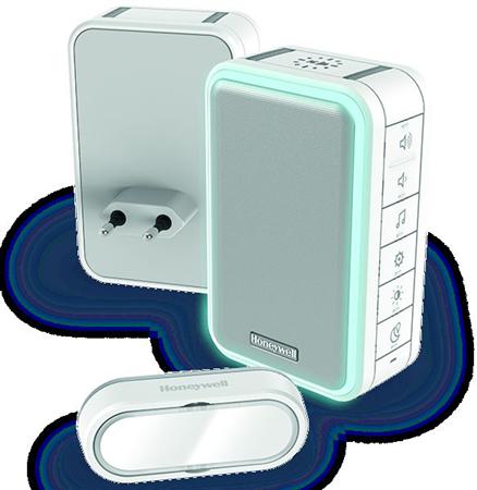 HONEYWELL RF 3 SERIE 6 MELODIEEN-USB OPLAADBARE DEURBEL DRUKKNOP HORIZONTAAL LANDSCAPE HALO-VERLICHTING PLUG-IN WIT