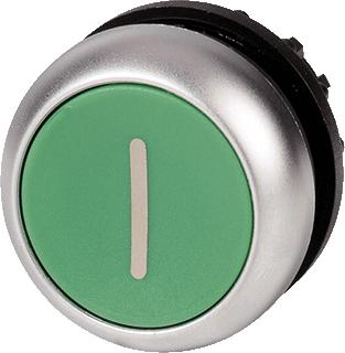 EATON RMQ-TITAN M22 FRONTELEMENT PULSDRUKKNOP VLAKKE LENS KLEUR GROEN OPDRUK I(WIT) FRONT ROND 22,5MM INB. FRONTRING CHROOM