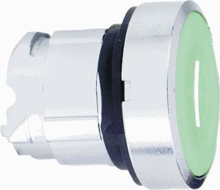 SCHNEIDER-ELECTRIC ZB4 FRONTELEMENT METAAL PULSDRUKKNOP VLAKKE LENS KLEUR GROEN OPDRUK I(WIT) FRONT ROND FRONTRING CHROOM