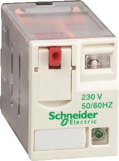 SCHNEIDER-ELECTRIC RXM MINIATUUR INSTEEKRELAIS CONTACT 4W 6A SPOELSPANNING 230VAC VERGRENDELB. TESTKNOP LED STAND INDICATOR 