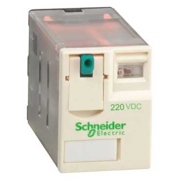 SCHNEIDER-ELECTRIC RXM MINIATUUR INSTEEKRELAIS CONTACT 4W 6A SPOELSPANNING 220VDC VERGRENDELB. TESTKNOP MECH. STAND INDICATOR 