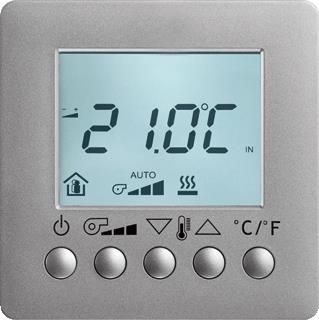 ABB BUSCH JAEGER KNX RUIMTETEMPERATUURREGELAAR FAN-COIL MET DISPLAY MET GEINTEGREERDE BUSAANKOPPELAAR OPBOUW F-ALUZILVER