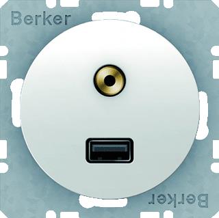 HAGER BERKER USB/3,5MM AUDIO CONTACTDOOS R1/R3 GLANZEND POLARWIT 