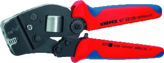 KNIPEX 9753 PERSKABELSCHOENTANG DIAMETER 0.8 10MM2 LENGTE 190MM UITVOERING/BEDIENING HAND PERSVORM VIERKANTPERSING AWG-BEREIK 28 7 INZETSTUKKEN UITWISSELBAAR 1 MEEGELEVERDE INZETSTUKKEN MET EINDVERGRENDELING