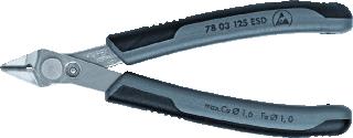 KNIPEX SUPER KNIPS ZIJKNIPTANG LENGTE 125MM GEISOLEERD STANDAARD OPPERVLAKTEBESCHERMING GEPOLIJST ESD GETEST GEWICHT 55G MAX. KNIPDIAM. ZACHTE DRAAD 1.6MM MAX. KNIPDIAM. HALF HARD DRAAD 1MM NORM DIN ISO 9654 