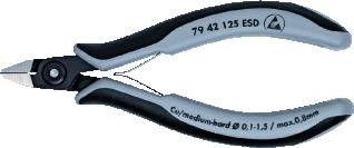 KNIPEX 7942 ZIJKNIPTANG LENGTE 125MM GEISOLEERD STANDAARD OPPERVLAKTEBESCHERMING GEBRUINEERD ESD GETEST GEWICHT 58G MAX. KNIPDIAM. ZACHTE DRAAD 1.5MM MAX. KNIPDIAM. HALF HARD DRAAD 0.8MM NORM DIN ISO 9654 