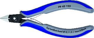 KNIPEX 7942 ZIJKNIPTANG LENGTE 125MM GEISOLEERD STANDAARD OPPERVLAKTEBESCHERMING GEBRUINEERD GEWICHT 58G MAX. KNIPDIAM. ZACHTE DRAAD 1.5MM MAX. KNIPDIAM. HALF HARD DRAAD 0.8MM NORM DIN ISO 9654 