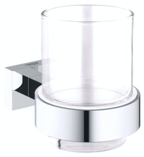 GROHE ESSENTIALS CUBE HOUDER MET GLAS ROND WAND 1-GATS METAAL/GLAS CHROOM 