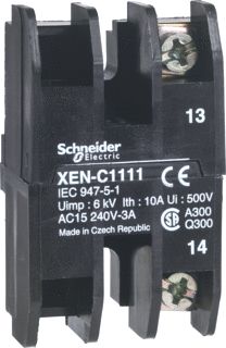 SCHNEIDER-ELECTRIC XENC CONTACTBLOK VOOR HANGENDE DRUKKNOPKAST XACB 1 SNELHEID 2V SPRING RETURN 3A SCHROEFAANSL. 30/40 BED.KNOP