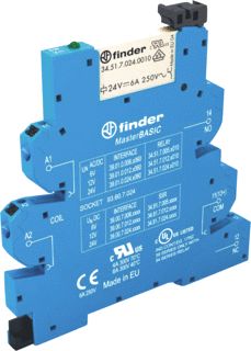 FINDER INTERFACERELAIS (VOET+RELAIS) MASTERBASIC PUSH-IN 6,2 MM 1 WISSELCONTACT 6A/250VAC SPOELSPANNING 24 VAC/DC CONTACT AGNI 