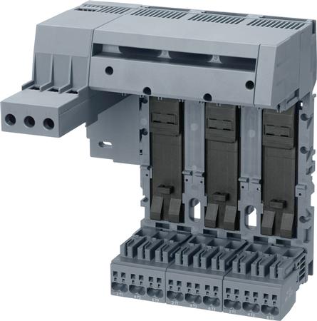 SIEMENS 3RA68 AANSLUITBLOK LINKS. AANSLUITING INPUT: SCHROEF OUTPUT VEERKLEM. 3 SLOTS. MAXIMAAL 25 MM2 / 35 MM2 