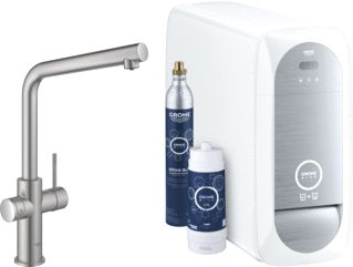 GROHE BLUE HOME 1-GATS KEUKENKRAAN MET DUO L-UITLOOP STARTERKIT MET WIFI BLUETOOTH CHILLED & SPARKLING 3X GEKOELD + 3X BRUISEND WATER SUPERSTEEL 