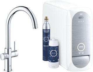 GROHE BLUE HOME 1-GATS KEUKENKRAAN MET DUO C-UITLOOP STARTERKIT MET WIFI BLUETOOTH CHILLED & SPARKLING 3X GEKOELD + 3X BRUISEND WATER CHROOM 