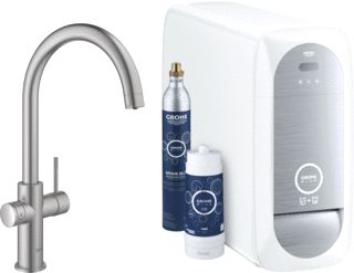 GROHE BLUE HOME 1-GATS KEUKENKRAAN MET DUO C-UITLOOP STARTERKIT MET WIFI BLUETOOTH CHILLED & SPARKLING 3X GEKOELD + 3X BRUISEND WATER SUPERSTEEL 