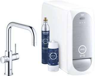 GROHE BLUE HOME 1-GATS KEUKENKRAAN MET DUO U-UITLOOP STARTERKIT MET WIFI BLUETOOTH CHILLED & SPARKLING 3X GEKOELD + 3X BRUISEND WATER CHROOM 