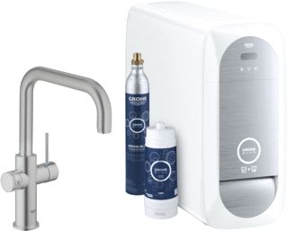 GROHE BLUE HOME 1-GATS KEUKENKRAAN MET DUO U-UITLOOP STARTERKIT MET WIFI BLUETOOTH CHILLED & SPARKLING 3X GEKOELD + 3X BRUISEND WATER SUPERSTEEL 