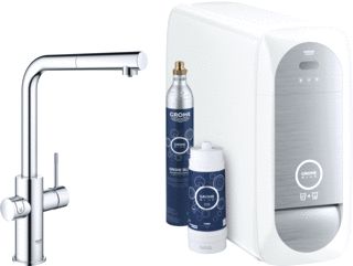 GROHE BLUE HOME 1-GATS KEUKENKRAAN MET DUO L-UITLOOP UITTREKBAAR STARTERKIT MET WIFI BLUETOOTH CHILLED & SPARKLING 3X GEKOELD + 3X BRUISEND WATER CHROOM 