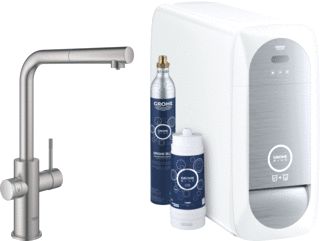 GROHE BLUE HOME 1-GATS KEUKENKRAAN MET DUO L-UITLOOP UITTREKBAAR STARTERKIT MET WIFI BLUETOOTH CHILLED & SPARKLING 3X GEKOELD + 3X BRUISEND WATER SUPERSTEEL 