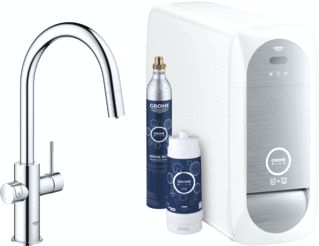 GROHE BLUE HOME 1-GATS KEUKENKRAAN MET DUO C-UITLOOP UITTREKBAAR STARTERKIT MET WIFI BLUETOOTH CHILLED & SPARKLING 3X GEKOELD + 3X BRUISEND WATER CHROOM 