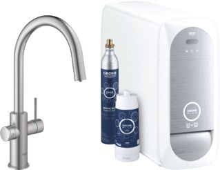 GROHE BLUE HOME 1-GATS KEUKENKRAAN MET DUO C-UITLOOP UITTREKBAAR STARTERKIT MET WIFI BLUETOOTH CHILLED & SPARKLING 3X GEKOELD + 3X BRUISEND WATER SUPERSTEEL 