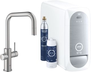 GROHE BLUE HOME 1-GATS KEUKENKRAAN MET DUO U-UITLOOP UITTREKBAAR STARTERKIT MET WIFI BLUETOOTH CHILLED & SPARKLING 3X GEKOELD + 3X BRUISEND WATER SUPERSTEEL 