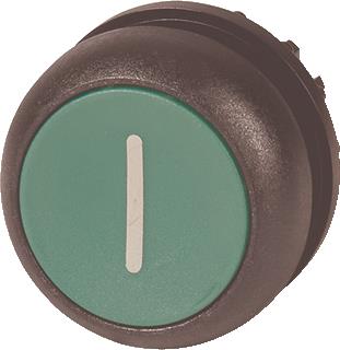 EATON RMQ-TITAN M22 FRONTELEMENT PULSDRUKKNOP VLAKKE LENS KLEUR GROEN OPDRUK I(WIT) FRONT ROND 22,5MM INB. FRONTRING ZWART 