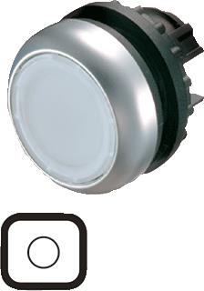 EATON RMQ-TITAN M22 FRONTELEMENT VERLICHTE PULSDRUKKNOP VLAKKE LENS KLEUR WIT OPDRUK O(ZWART) FRONT ROND 22,5MM INB. CHROOM 