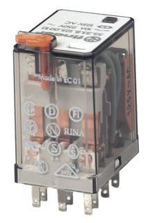 FINDER MINIATUUR INDUSTRIERELAIS (INSTEEKBAAR) 3 WISSELCONTACTEN 10 A/250VAC SPOEL 12VAC CONTACT AGNI BLOKKEERBARE TESTKNOP 