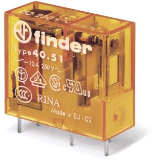 FINDER INSTEEK-/PRINTRELAIS RASTER 5 MM 1 WISSELCONTACT 10A/250VAC SPOELSPANNING 24VAC CONTACT AGNI WASDICHTE UITVOERING