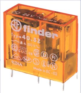 FINDER INSTEEK-/PRINTRELAIS RASTER 5 MM 2 WISSELCONTACTEN 8 A/250VAC SPOELSPANNING 24 V AC CONTACTMATERIAAL AGNI 