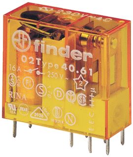 FINDER INSTEEK-/PRINTRELAIS RASTER 5 MM 1 WISSELCONTACT 16 A/250VAC SPOELSPANNING 12 V AC CONTACTMATERIAAL AGCDO 