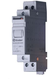 FINDER IMPULSRELAIS 17,4 MM BREED 2 CONTACTEN 16 A /250VAC VOLGENS SCHAKELPROGRAMMA (4 POS.) 24VAC CONTACTMATERIAAL AGSNO2