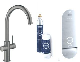 GROHE BLUE HOME KEUKENKRAAN STARTERKIT DUO EENGREEPS WIFI BLUETOOTH 224MM C-UITLOOP DRAAIBAAR HARD GRAPHITE GEBORSTELD 