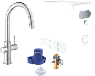 GROHE BLUE PROFESSIONAL KEUKENMENGKRAAN MET KOELER DUO EENGREEPS UITTREKBAAR WIFI BLUETOOTH 219MM C-UITLOOP DRAAI SUPERSTEEL 