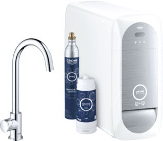 GROHE BLUE HOME 1-GATS KEUKENKRAAN MET MONO C-UITLOOP STARTERKIT MET WIFI BLUETOOTH CHILLED & SPARKLING 3X GEKOELD + 3X BRUISEND WATER CHROOM 