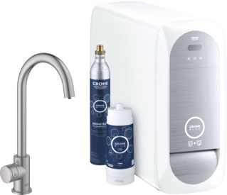 GROHE BLUE HOME 1-GATS KEUKENKRAAN MET MONO C-UITLOOP STARTERKIT MET WIFI BLUETOOTH CHILLED & SPARKLING 3X GEKOELD + 3X BRUISEND WATER SUPERSTEEL 