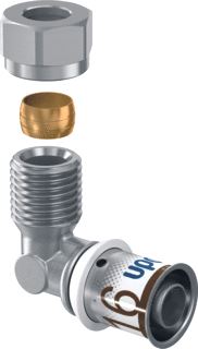 UPONOR KNIEKOPPELING 90 GRADEN GRADEN S-PRESS PLUS 16MM X 3/8 X 10MM (PERS X BUITENDRAAD X KNEL) MESSING 10 BAR 