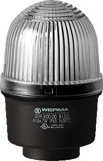 WERMA MINI 209 CONTINU LICHT NOM. SPANNING 230V LENSKAP KLEURLOOS BESCHERMINGSGRAAD (IP) IP65 TYPE STROOM AC/DC OVERIG BESCHERMINGSGRAAD (NEMA) 12 LAMPTYPE GLOEILAMP LAMPHOUDER BA15D VERMOGEN 1W