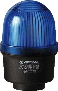 WERMA MINI 209 CONTINU LICHT NOM. SPANNING 230V LENSKAP BLAUW BESCHERMINGSGRAAD (IP) IP65 TYPE STROOM AC/DC OVERIG BESCHERMINGSGRAAD (NEMA) 12 LAMPTYPE GLOEILAMP LAMPHOUDER BA15D VERMOGEN 1W