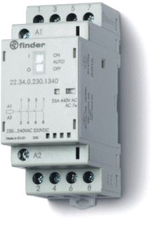 FINDER MAGNEETSCHAKELAAR 35 MM 4M 25A/250VAC SPOEL 230 VAC/DC CONTACT AGNI MECH STANDINDICATIE ON-AUTO-OFF SCHAKELAAR EN LED