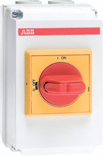 ABB LASTSCHEIDER VOOR GELIJKSTROOM IN KAST 2-POLIG DC 21B-660VDC-16A KUNSTSTOF OPBOUW BEHUIZING IP65 ROOD-GELE KNOP 