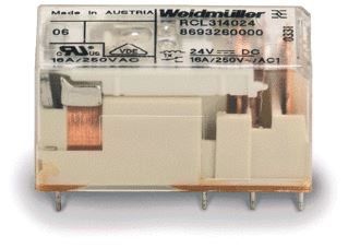 WEIDMULLER RCL314024 RIDERSERIE RELAIS 1 CO CONTACT AGNI 90/10 RATED CONTROL VOLTAGE 24V DC CONTINU STROOM 16A PLUG-IN AANSLUITING 
