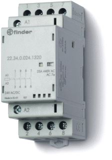 FINDER MAGNEETSCHAKELAAR 35 MM 4 MAAKCONTACTEN 25A /250VAC SPOEL 230 VAC/DC CONTACTMATERIAAL AGNI MECH STANDINDICATIE EN LED 