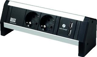 BACHMANN BUREAU AANSLUITUNIT DESK 1 2X 230V RA + 2X USB CHRGR GST IN/UIT INCL. KLEM = 50 MM ZWART & ALU 