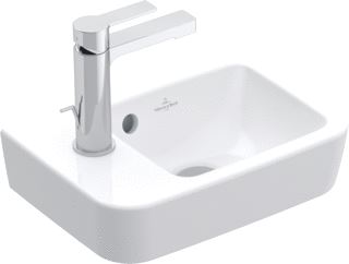 VILLEROY & BOCH O.NOVO FONTEIN 360X250MM COMPACT WASBAK RECHTS 1-GAT KRAANGAT DOORGESTOKEN+OVERLOOP WIT ALPIN CERAMICPLUS 