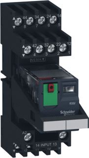 SCHNEIDER ELECTRIC MINIATURE PLUG-IN RELAY PRE-ASSEMBLED 6 A 4 CO LOCKABLE TEST BUTTON LED MIXED TERMINAL SOCKET 230 V AC 