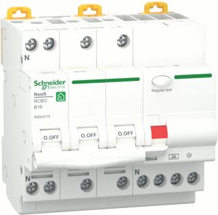 SCHNEIDER ELECTRIC RESI9 AARDLEKAUTOMAAT 3P+N 16A B-KARAKTERISTIEK 6000A 30MA TYPE A