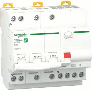 SCHNEIDER ELECTRIC RESI9 AARDLEKAUTOMAAT 3P+N 20A B-KARAKTERISTIEK 6000A 30MA TYPE A